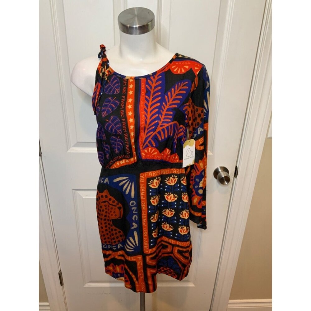 Farm Rio Black Motif Blue Orange One Sleeve Mini Dress, Size S, NWT! $178